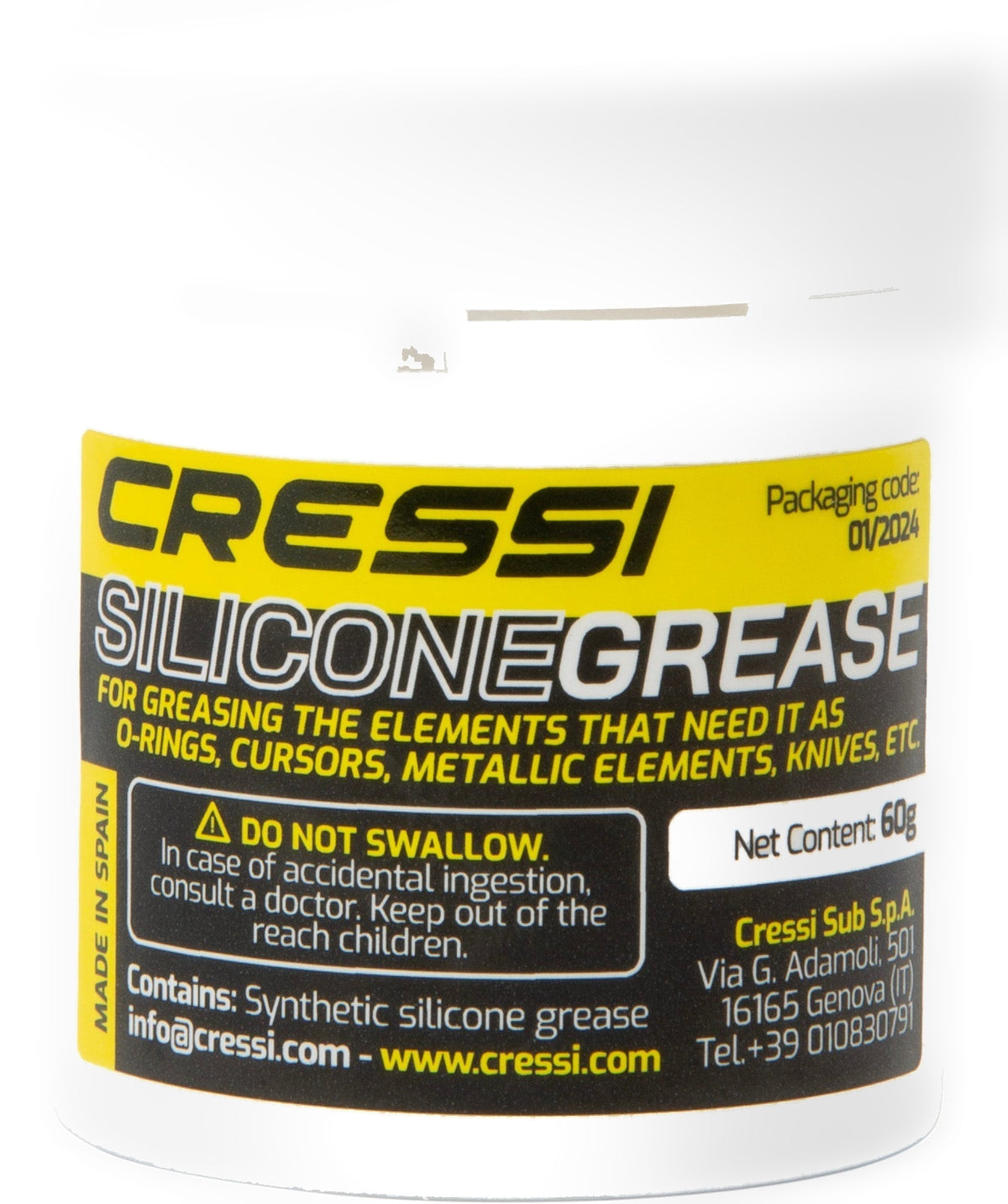 White 60 g tub of Cressi silicone grease with a yellow label for o-rings and metal parts