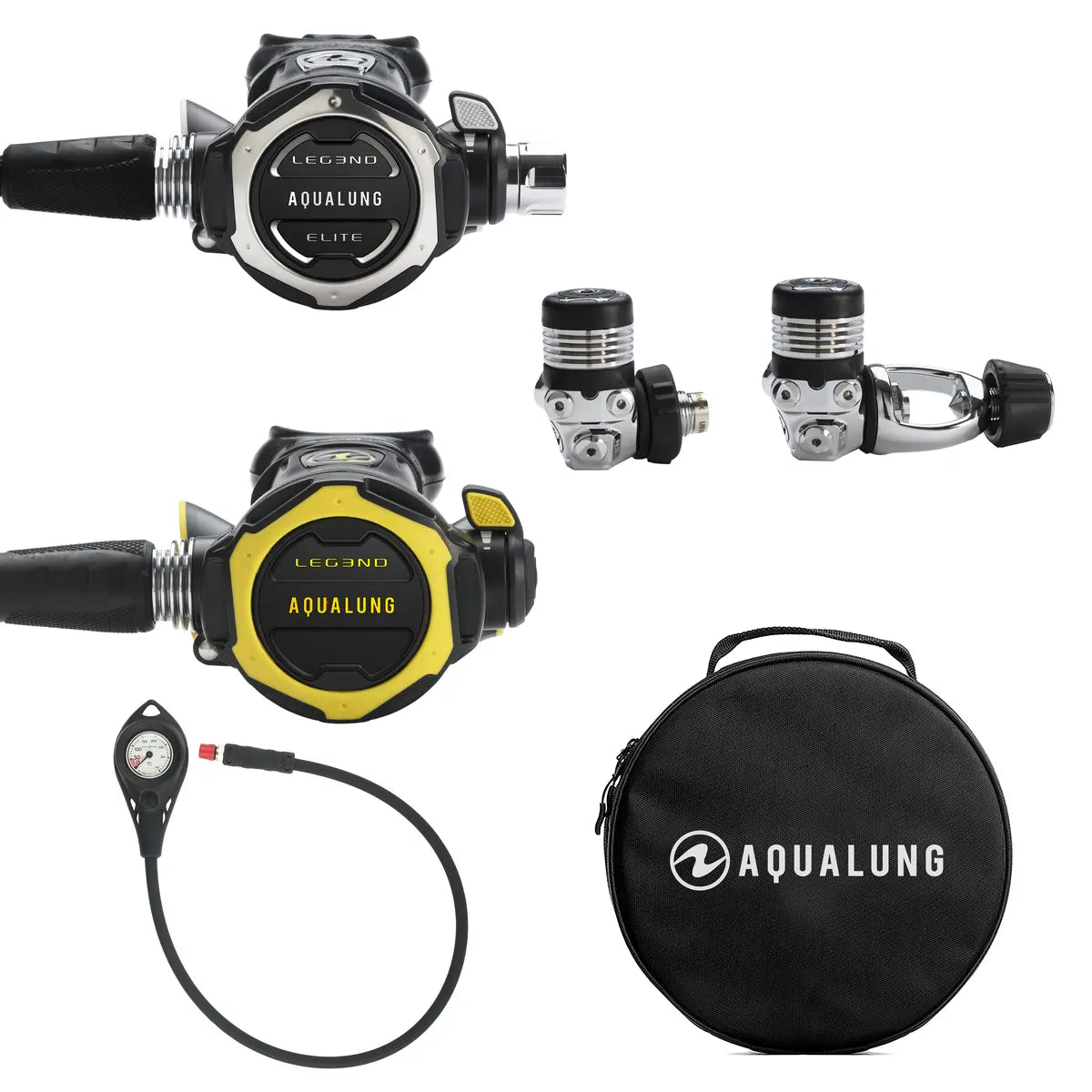 Aqua Lung Leg3nd Elite Pro Pack laid out, showing the primary second stage, two first stage views, the yellow octopus, the pressure gauge and the round carry case