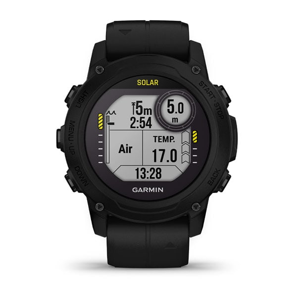 Garmin Descent G1 Solar dive computer showing the dive display
