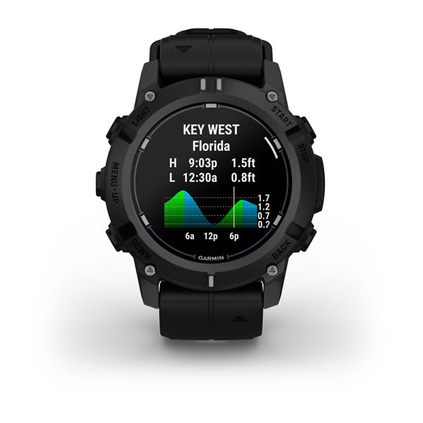 Garmin Descent G2 in black showing a tide chart for a dive site