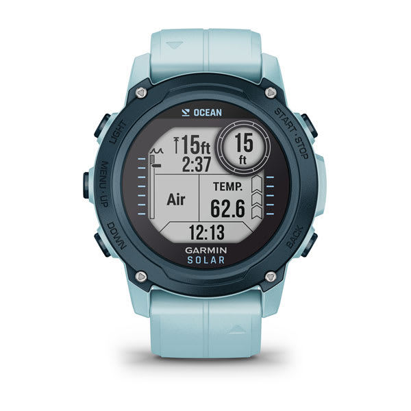 Garmin Descent G1 Solar Ocean Edition dive computer worn on the wrist