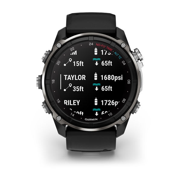 Garmin Descent Mk3i showing tank pressure for two divers over SubWave air integration