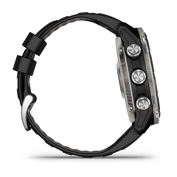 Garmin Descent Mk3i on a titanium bracelet, side profile showing the buttons