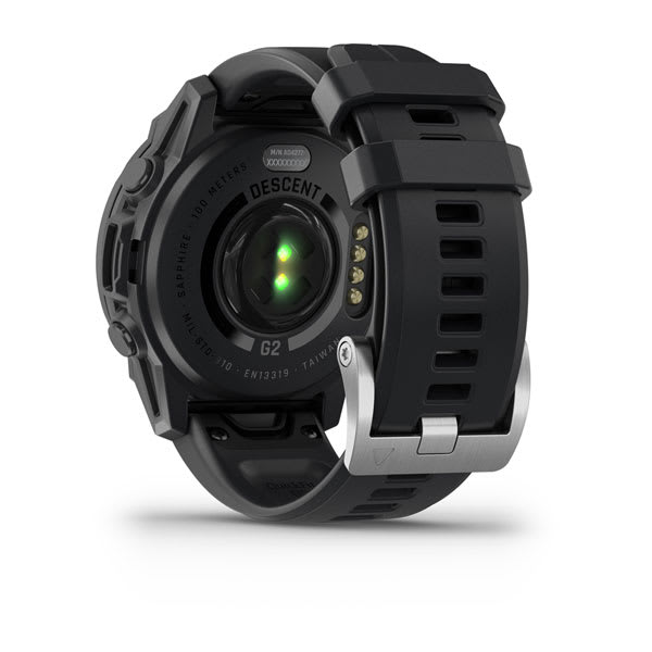 Garmin Descent G2 in black, rear view showing the optical heart rate sensor and charging contacts