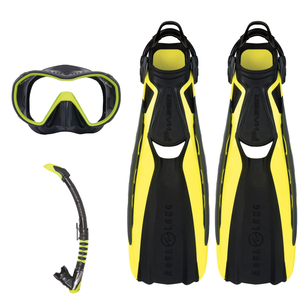 Aqua Lung Phazer fins in yellow and black, Plazma mask in asphalt and yellow, and Zephyr Flex snorkel in black and lime