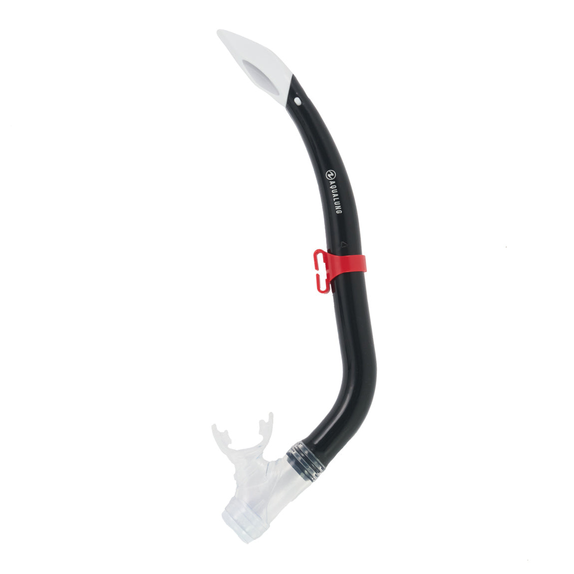 Aqua Lung Pike Junior snorkel in blue, side view showing the anti-splash top, mask clip and silicone mouthpiece