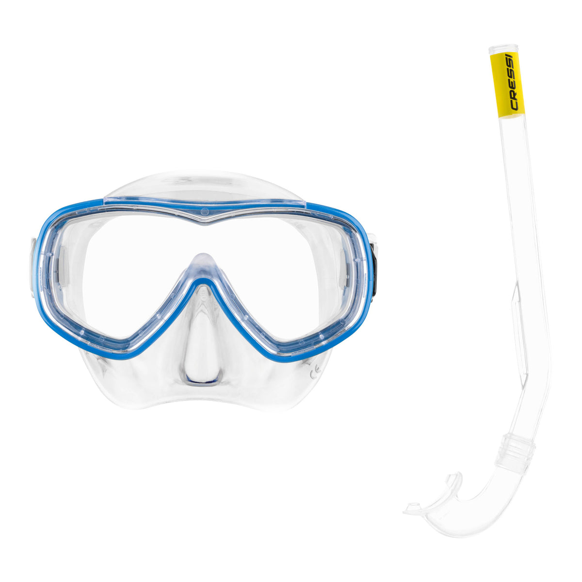 Cressi Piumetta mask in clear with blue and Mini Island snorkel in clear