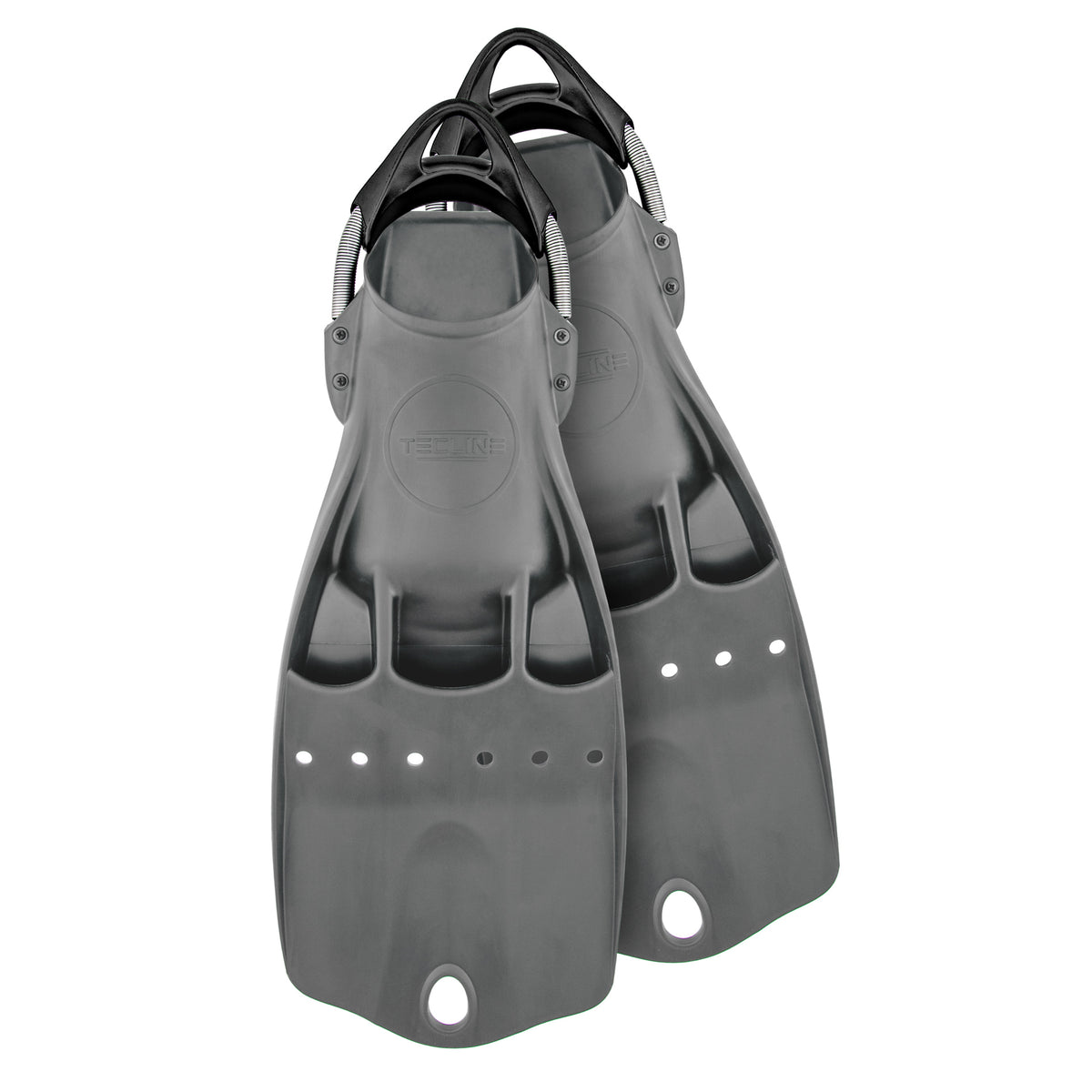 Tecline LightJet open heel fins in graphite (negatively buoyant) with stainless steel spring straps