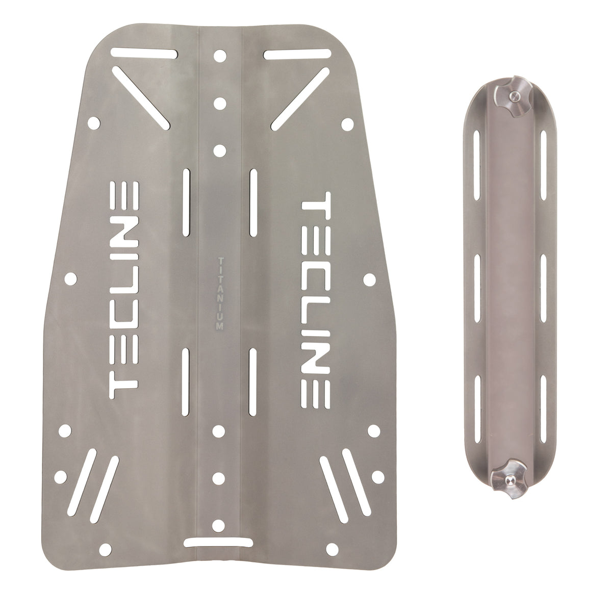 Tecline titanium standard backplate beside its titanium single tank adapter