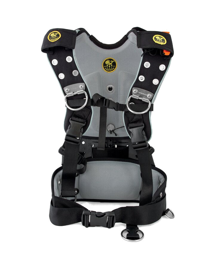 Poseidon One Harness in black with grey padding, front view