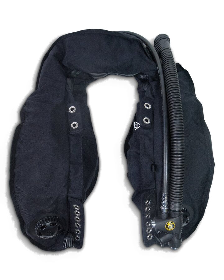 Poseidon One Wing 50 single cylinder wing in black with corrugated inflator hose