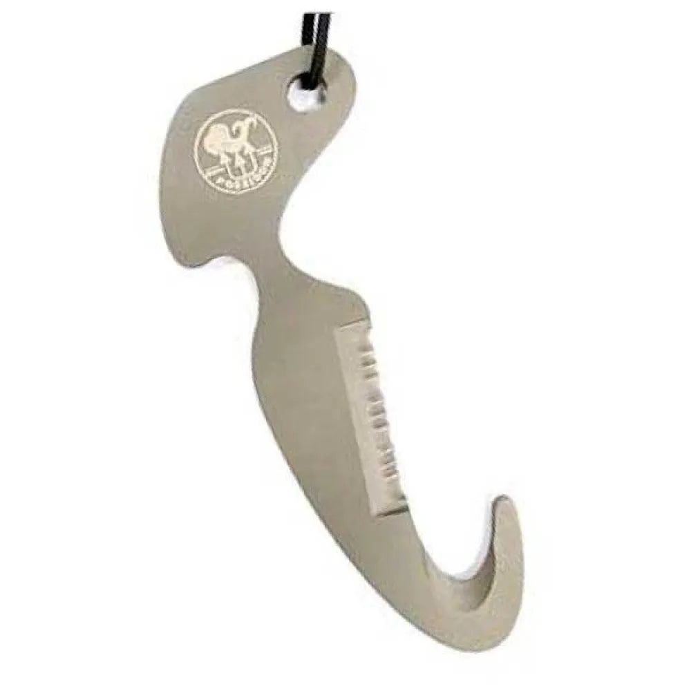 Poseidon titanium line cutter with hooked serrated blade and lanyard cord