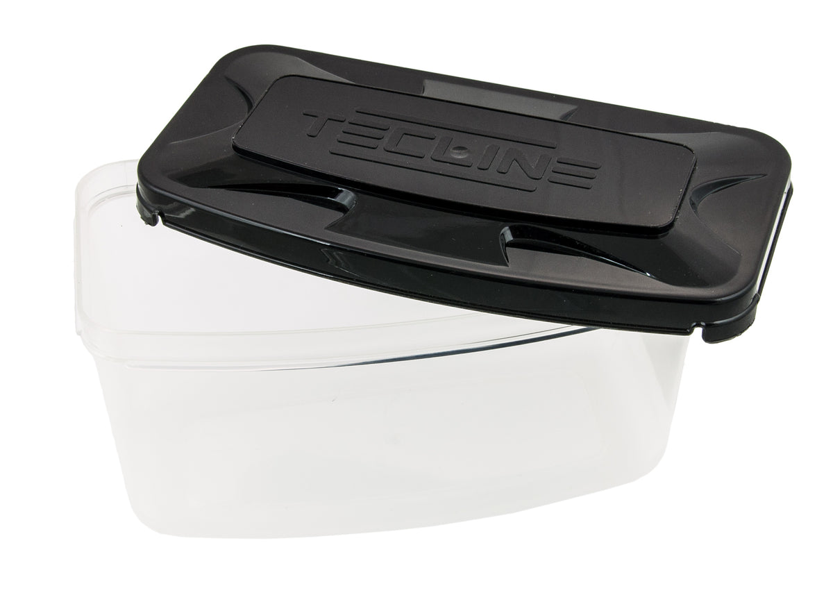 Scubatech mask box with clear base and black lid embossed with the Tecline name