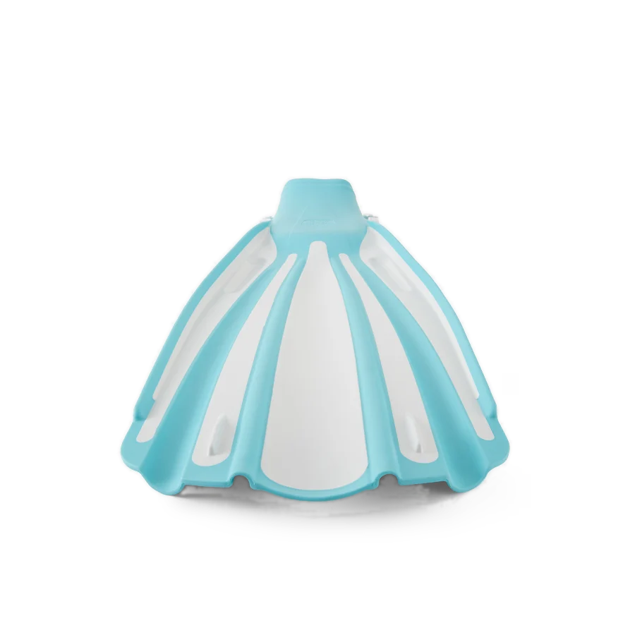 Pair of Fourth Element Rec fins in aqua and white, shown blade up and foot pocket up