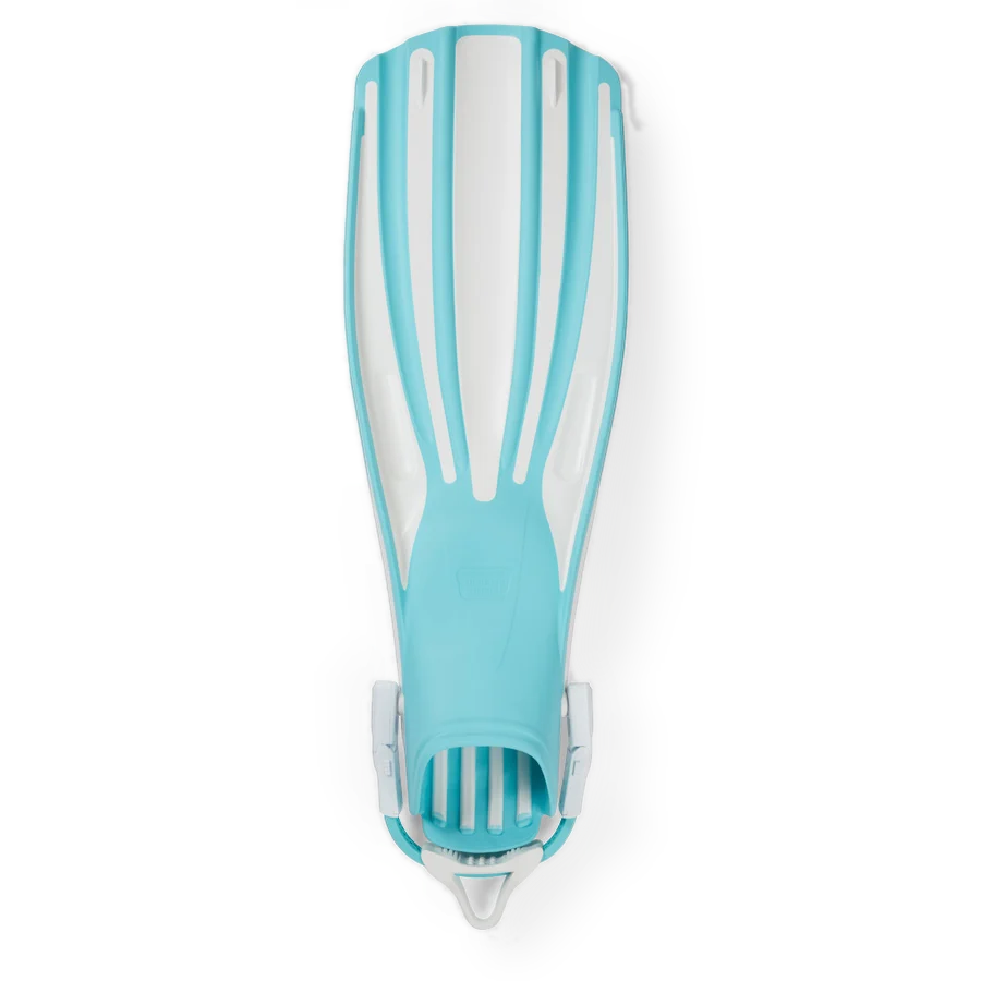 Pair of Fourth Element Rec fins in aqua and white, shown blade up and foot pocket up