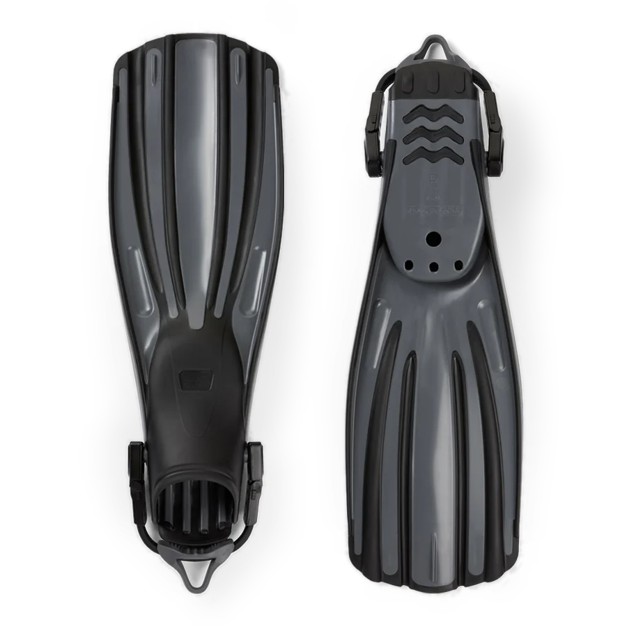 Pair of Fourth Element Rec fins in black and grey, shown blade up and foot pocket up