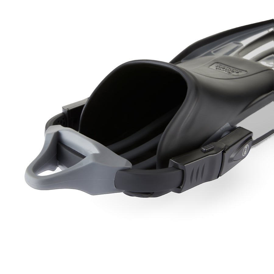 Foot pocket of the black and grey Fourth Element Rec fin with the grey heel strap