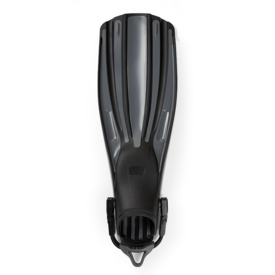 Pair of Fourth Element Rec fins in black and grey, shown blade up and foot pocket up