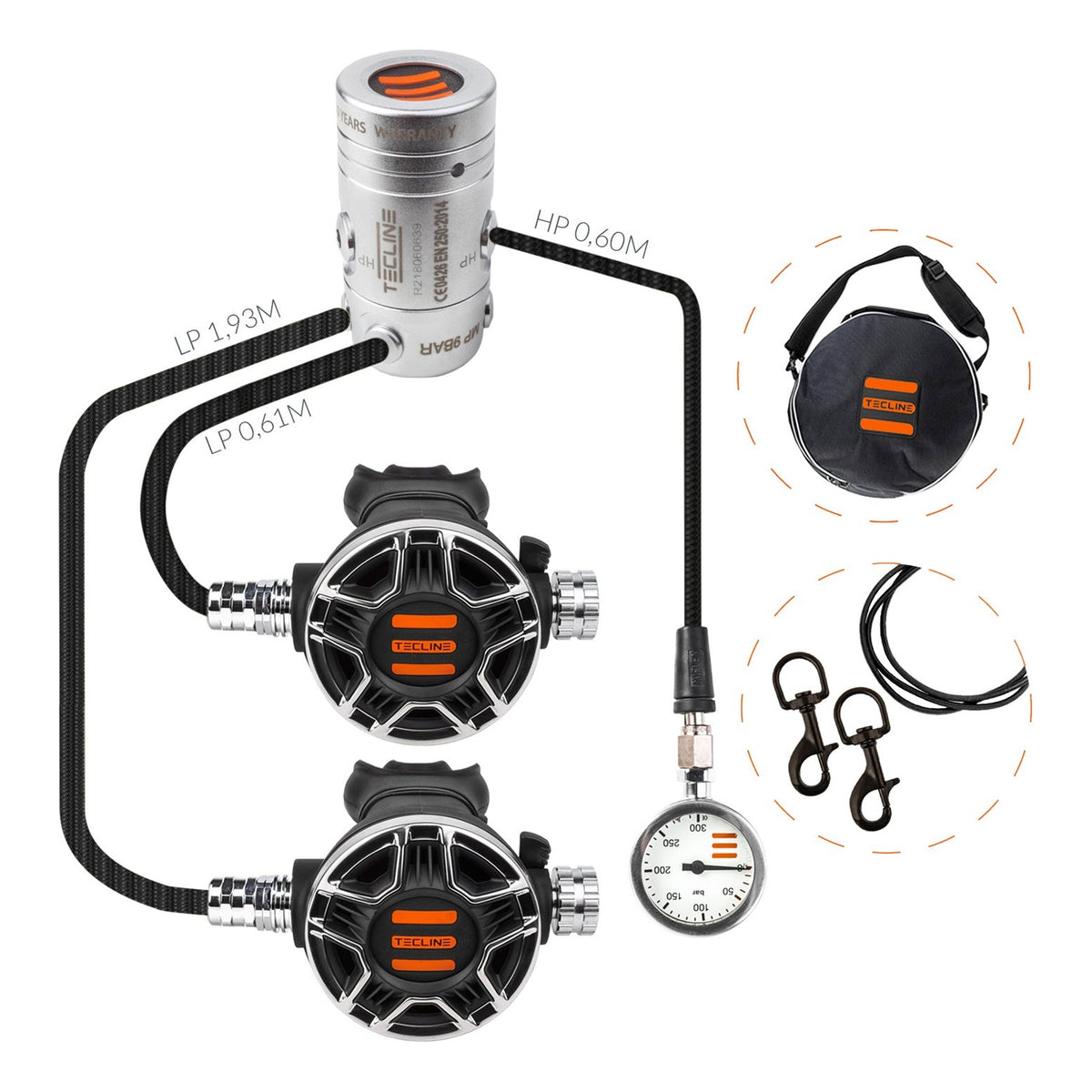 Tecline R2 TEC2 SemiTec I set with two TEC2 second stages on long and short hoses