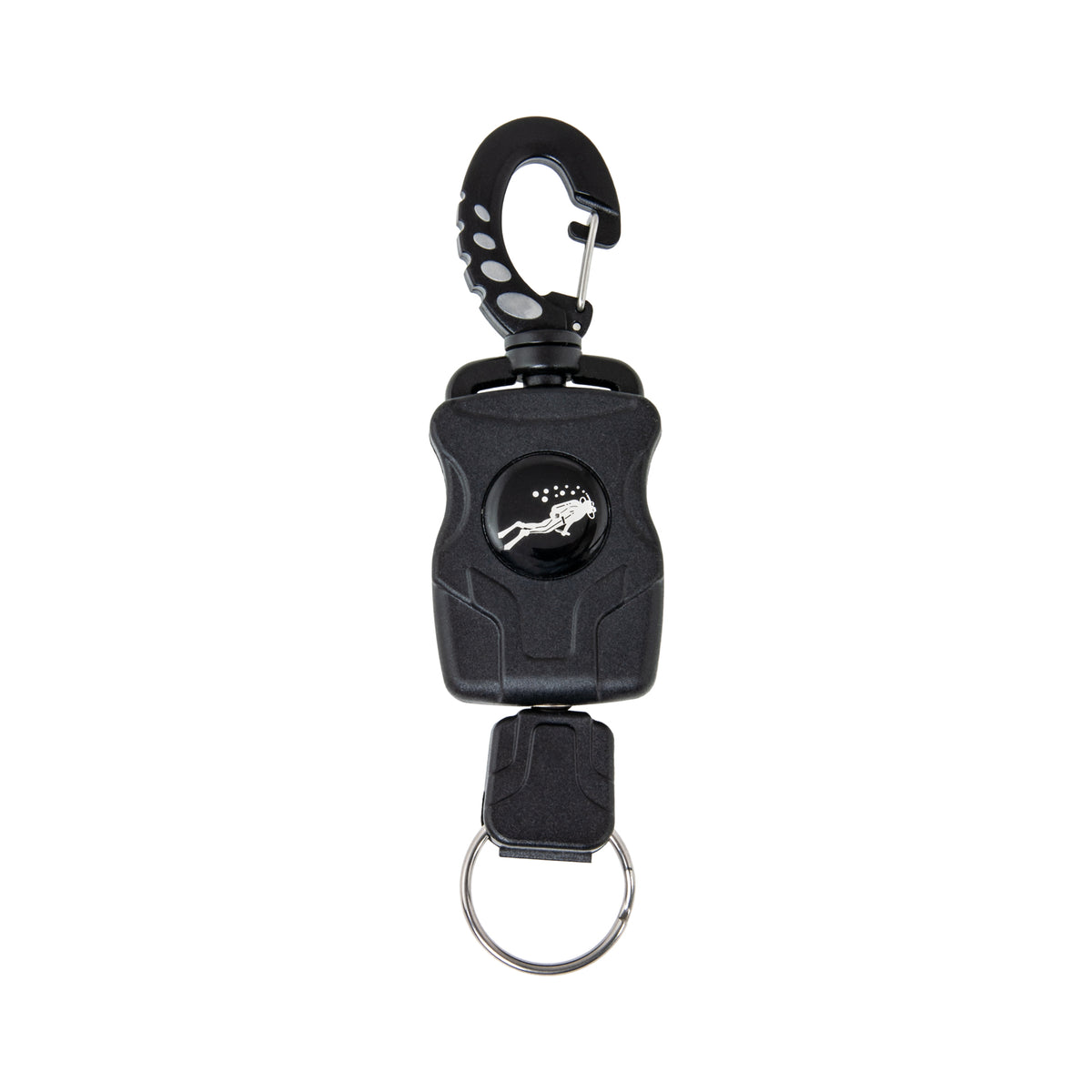 Scubatech retractor with snap hook, reel housing and steel cable with split ring