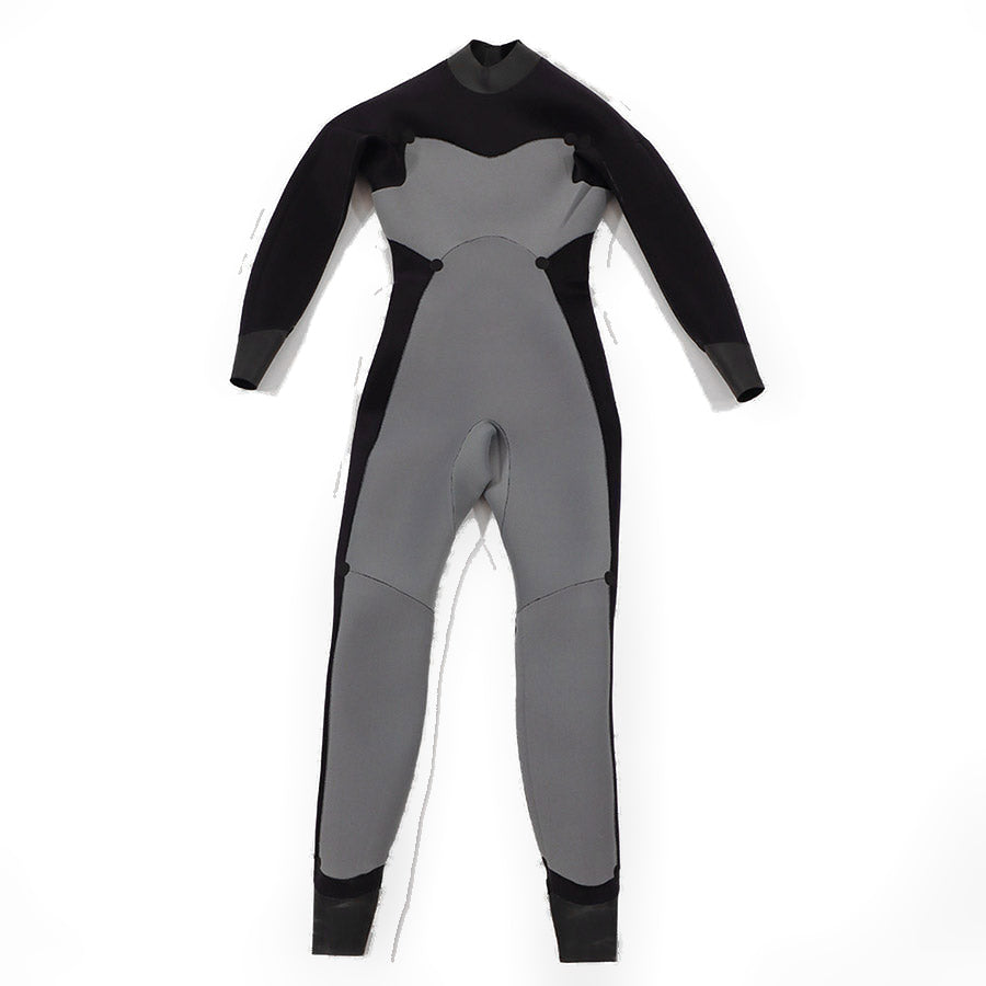 Women's Fourth Element RF1 freediving suit laid flat, grey torso and leg panels set into black