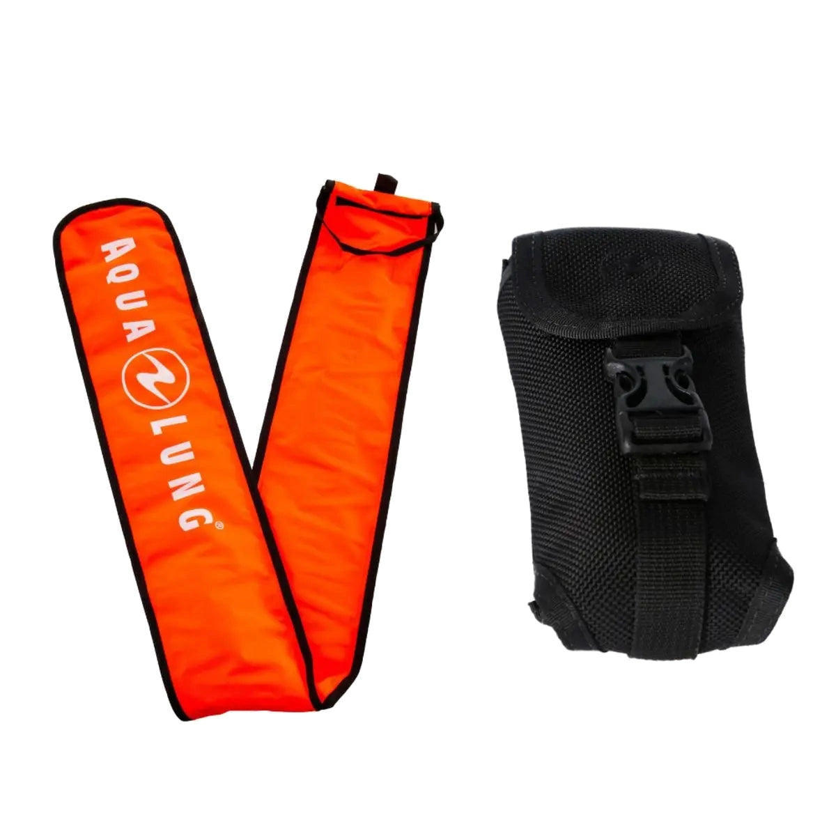 Aqua Lung surface marker buoy in orange, shown folded flat beside its open storage pouch