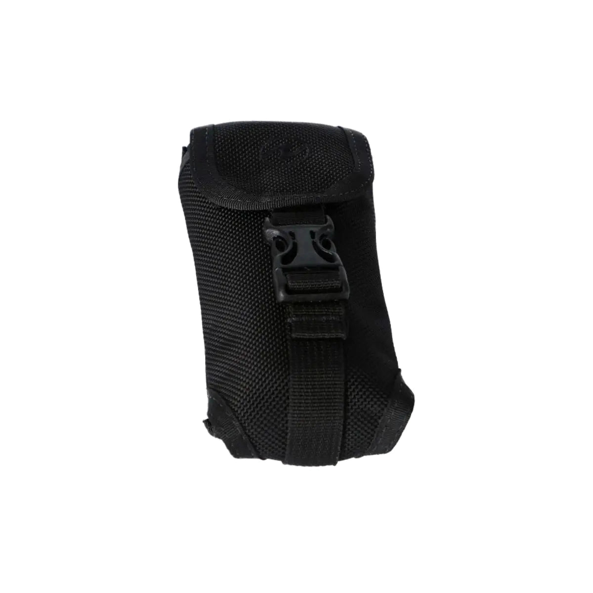 Aqua Lung SMB holster in black, front view showing the flap, buckle and mounting webbing