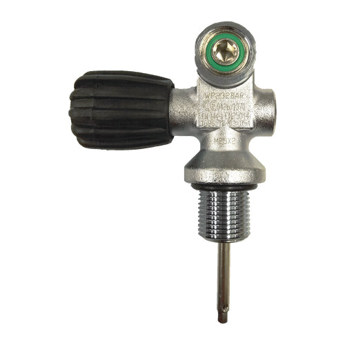San-O-Sub mono cylinder valve for 232 bar, chrome body with black handwheel on the left and dip tube