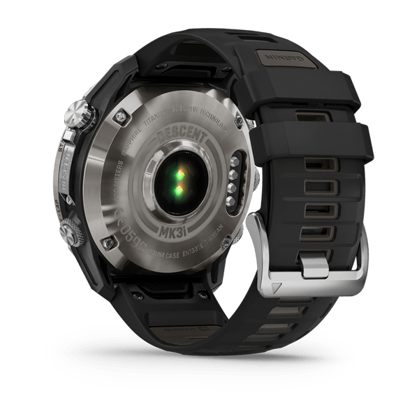 Garmin Descent Mk3i rear view showing the optical heart rate sensor and charging contacts