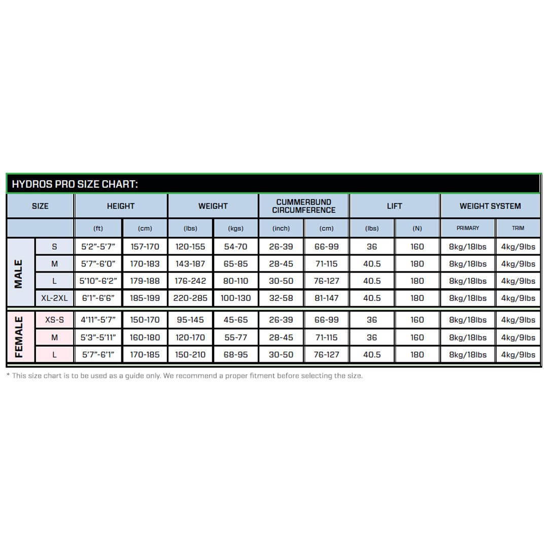 SCUBAPRO Hydros Pro size chart with height, weight and cummerbund measurements
