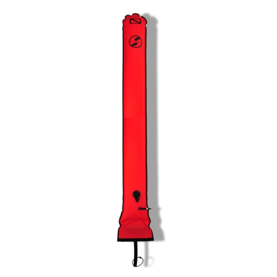 Scubatech 150 cm deco buoy in orange-red with the over-pressure valve