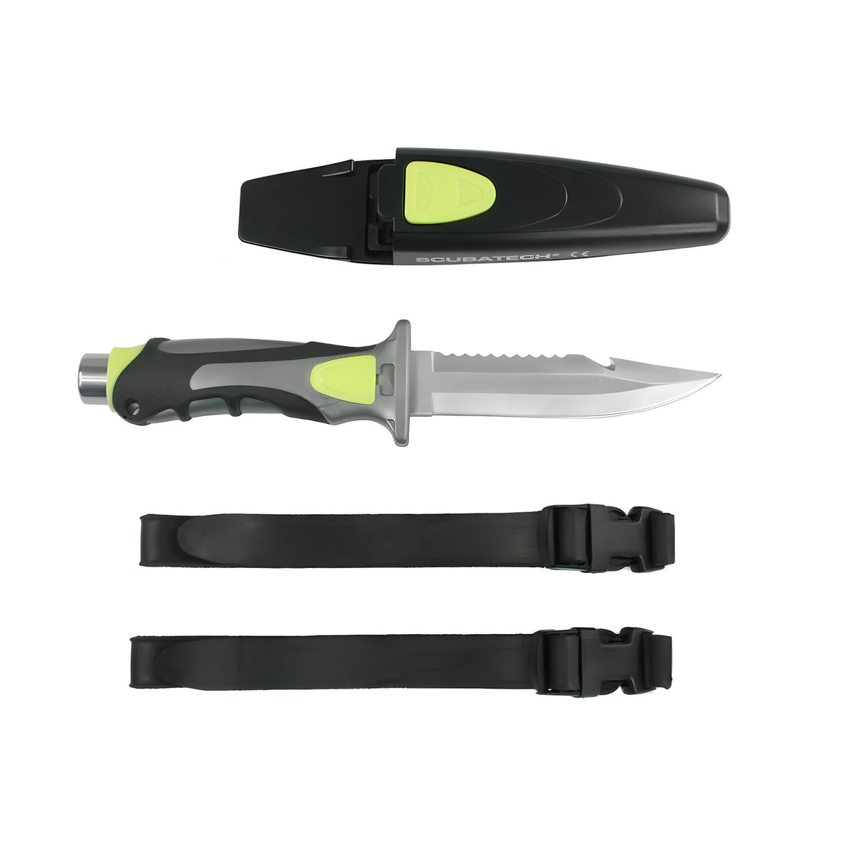 Scubatech Finn I dive knife beside its black plastic sheath