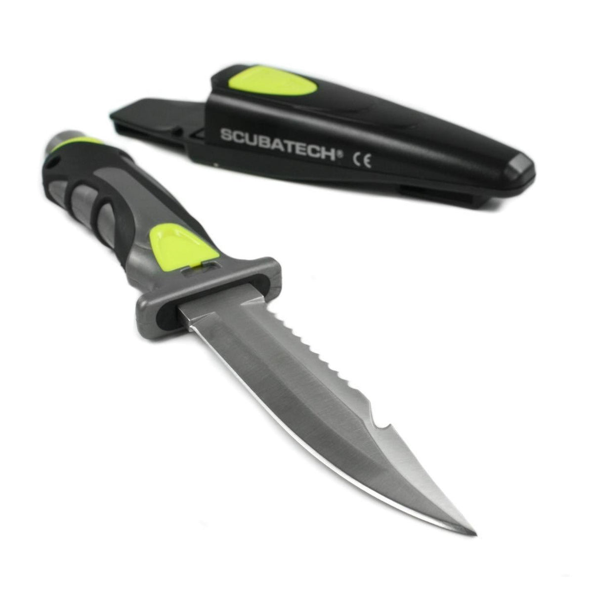 Scubatech Finn I dive knife beside its black plastic sheath