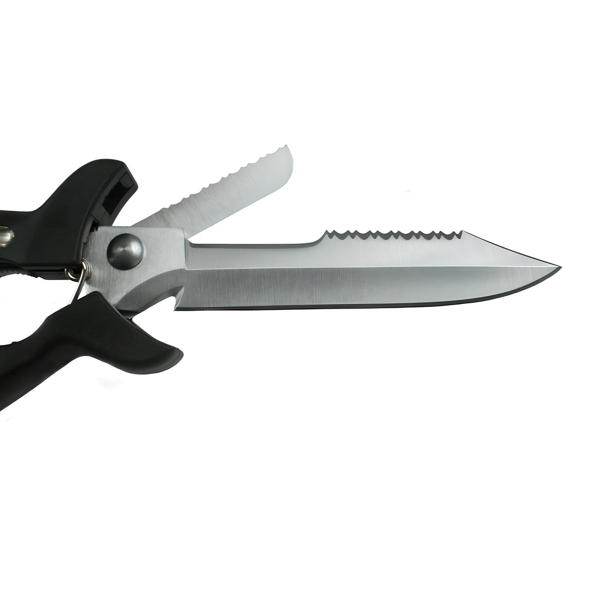 Close view of the Scubatech knife scissors pivot and serrated blade