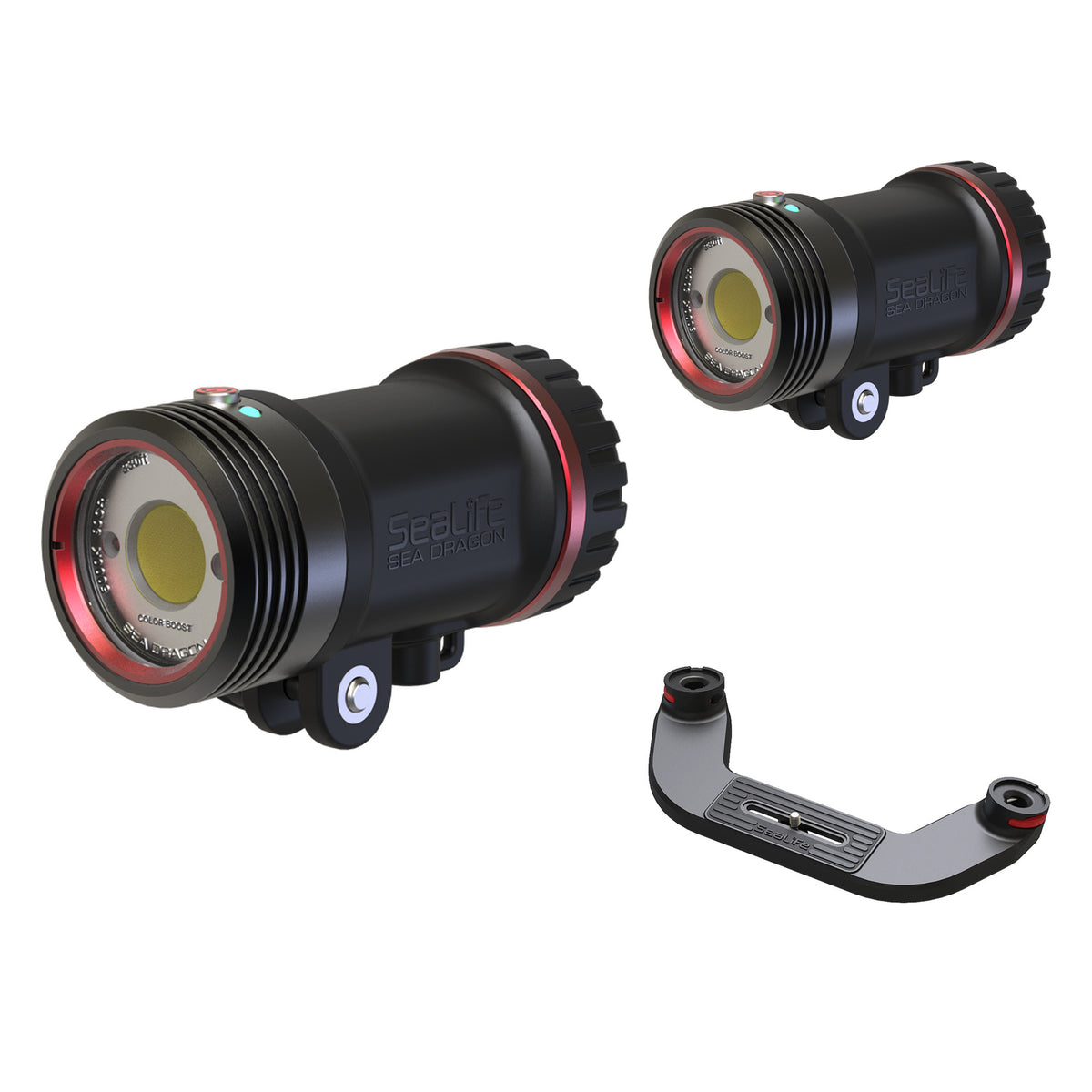Two SeaLife Sea Dragon 5000+ Colour Boost lights with Flex-Connect Ultra Dual Tray