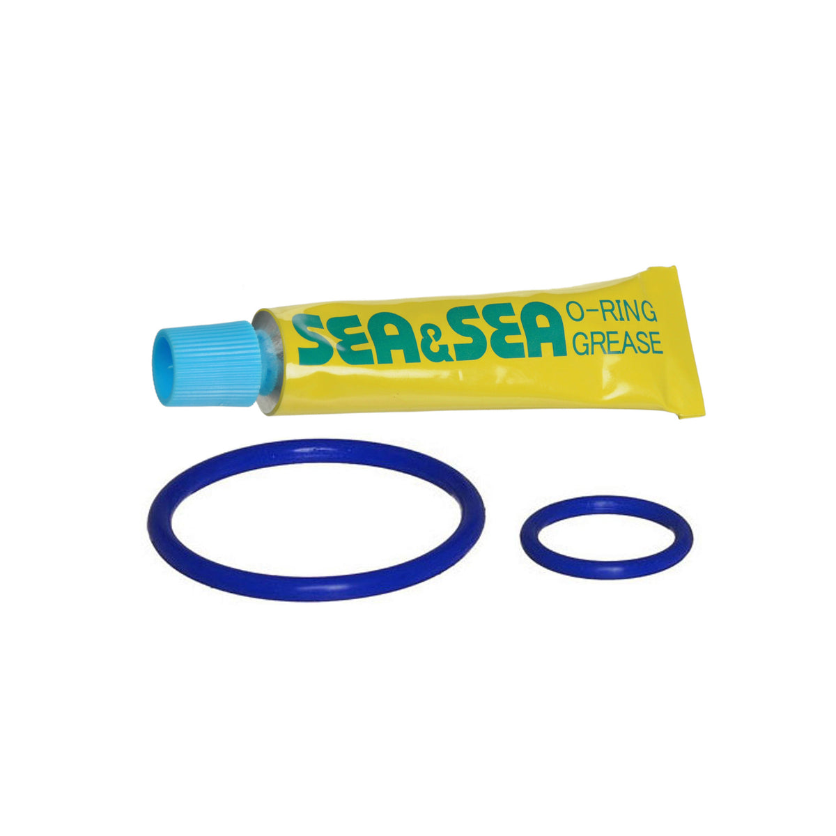 Sea & Sea strobe o-ring set, two blue o-rings shown beside a grease tube that is not included