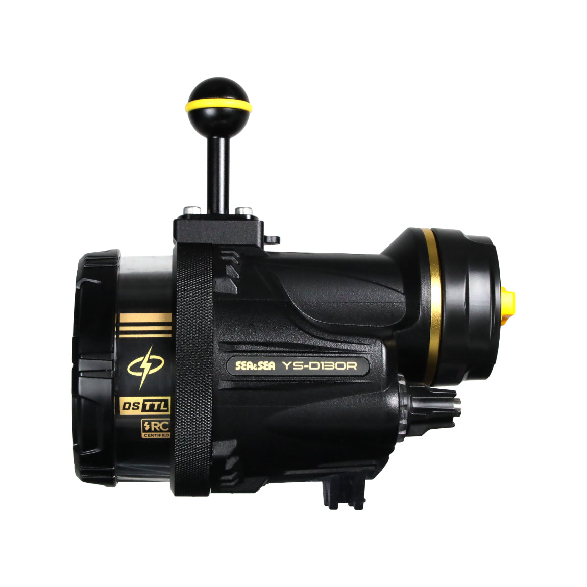 Sea & Sea YS-D130R strobe side view with the ball mount on top