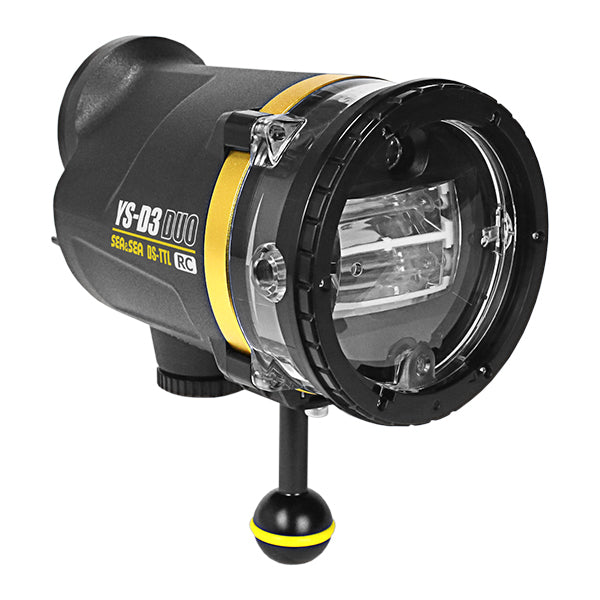 Sea & Sea YS-D3 DUO strobe with gold trim, front three-quarter view on its ball mount