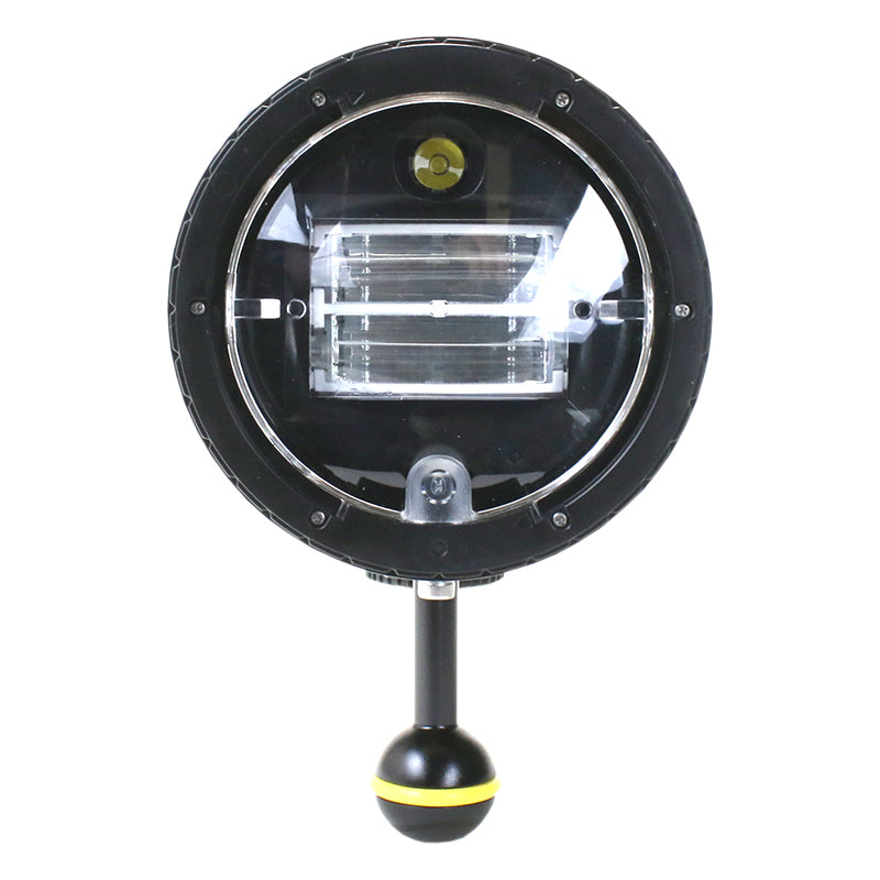 Sea & Sea YS-D3 DUO strobe with gold trim, front three-quarter view on its ball mount