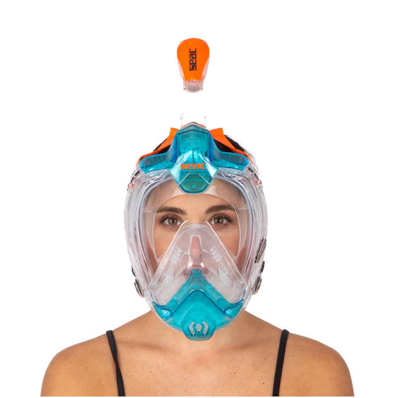 SEAC Libera full face mask in aqua and orange worn, front view