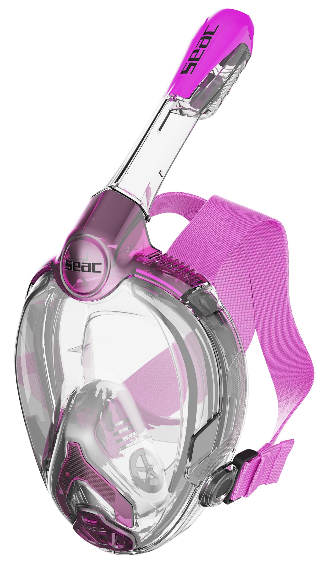 SEAC Libera Junior full face mask in clear and pink, angled view with straps