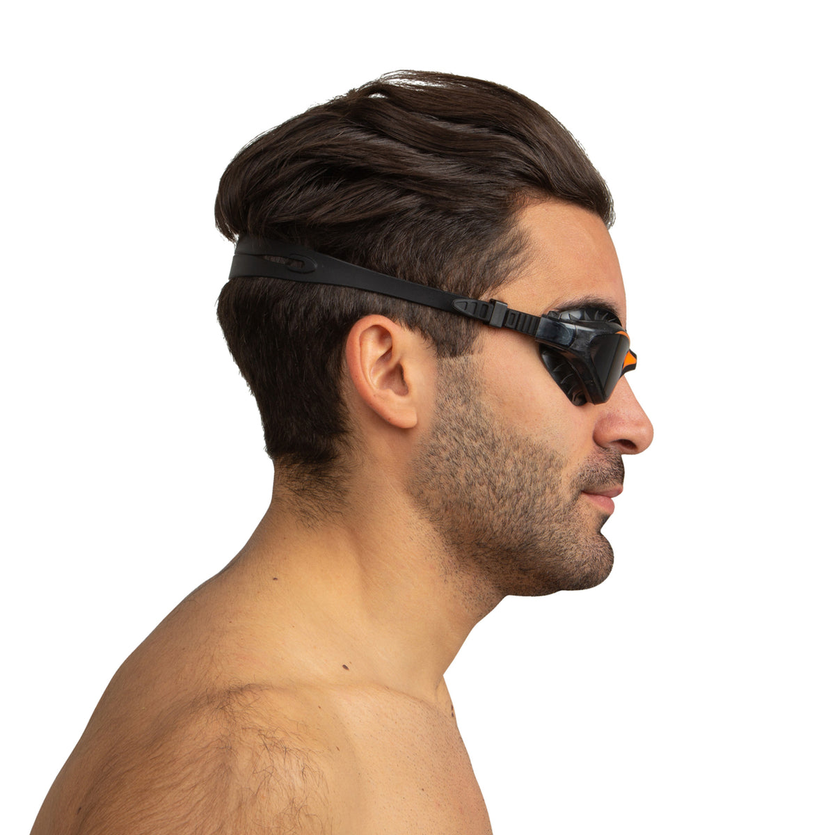 SEAC Lynx swim goggles in black and orange worn, side profile