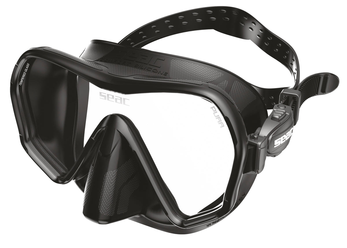 SEAC Pura frameless mask in black, angled front view