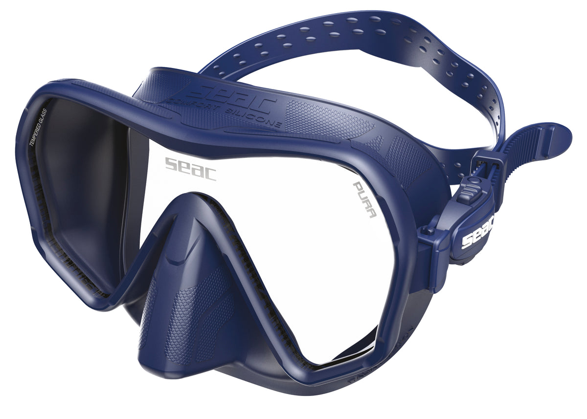 SEAC Pura frameless mask in black, angled front view