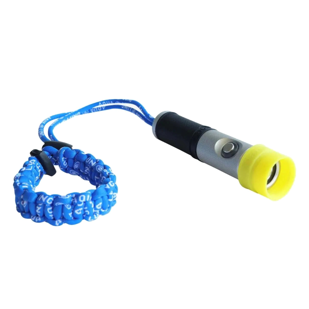 Aqua Lung Seaflare Mini dive torch, side view of the aluminium body with a blue silicone deflector fitted over the head