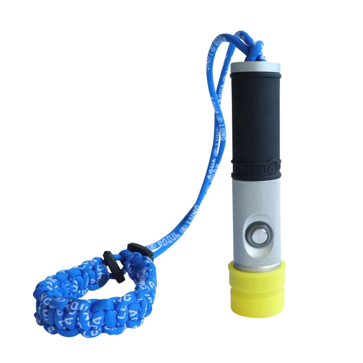Aqua Lung Seaflare Mini dive torch, side view of the aluminium body with a blue silicone deflector fitted over the head