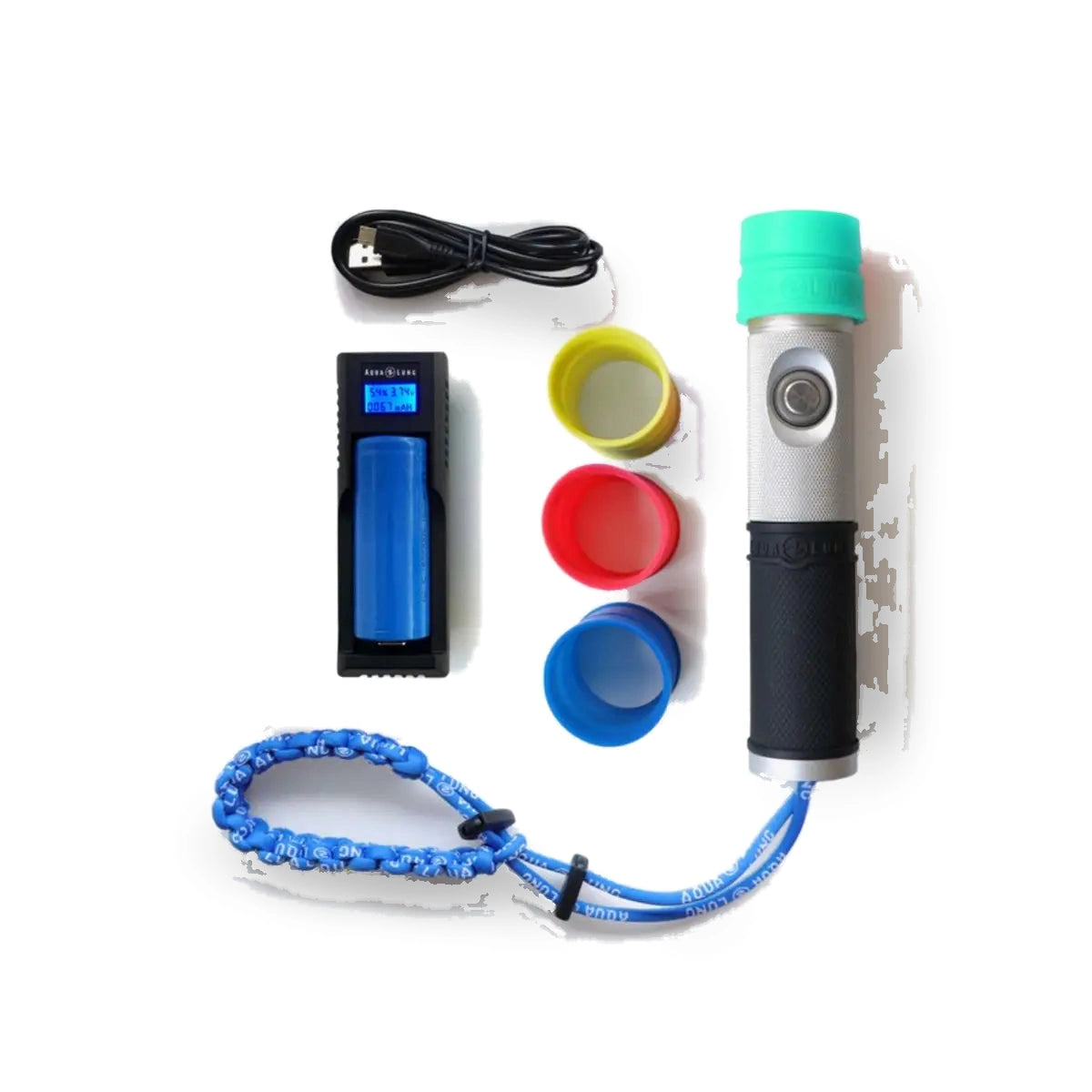 Aqua Lung Seaflare Mini kit laid out: torch, charger with rechargeable cell, USB cable, wrist lanyard and four colour deflectors