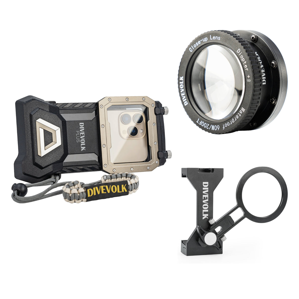 Divevolk SeaTouch 4 Max Plus housing in black with +8 close-up lens and expansion clamp