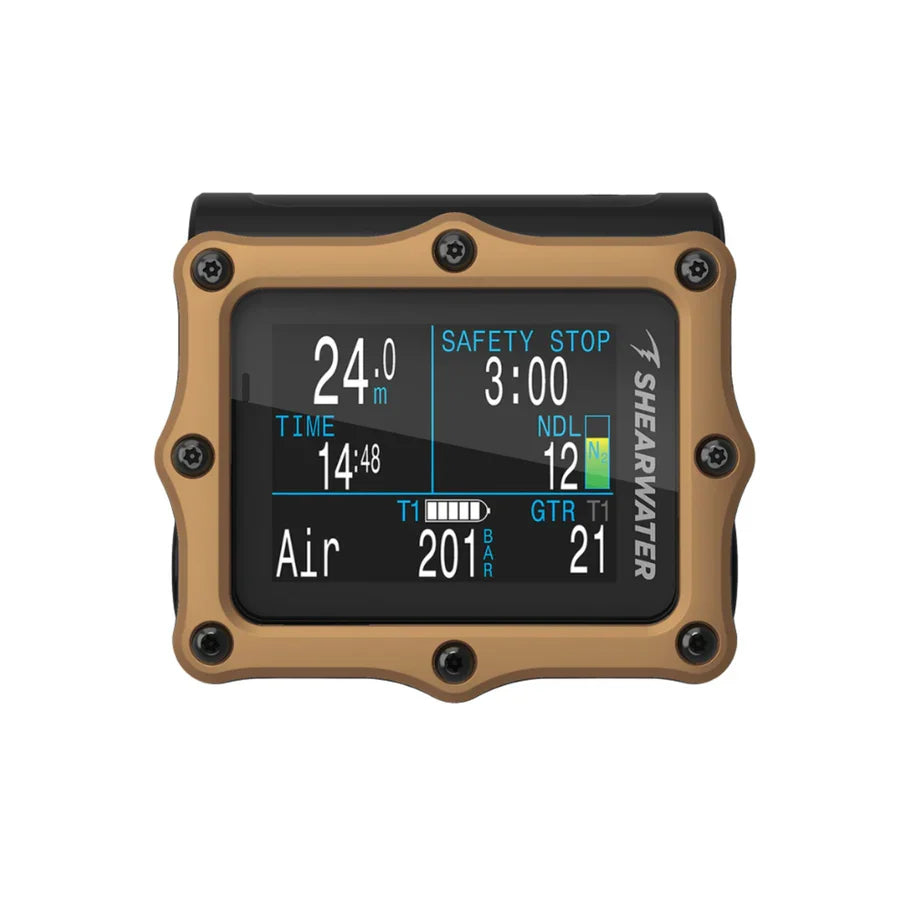 Shearwater Perdix 2 Ti Bronze Journeys Edition, front view of the bronze titanium bezel and display