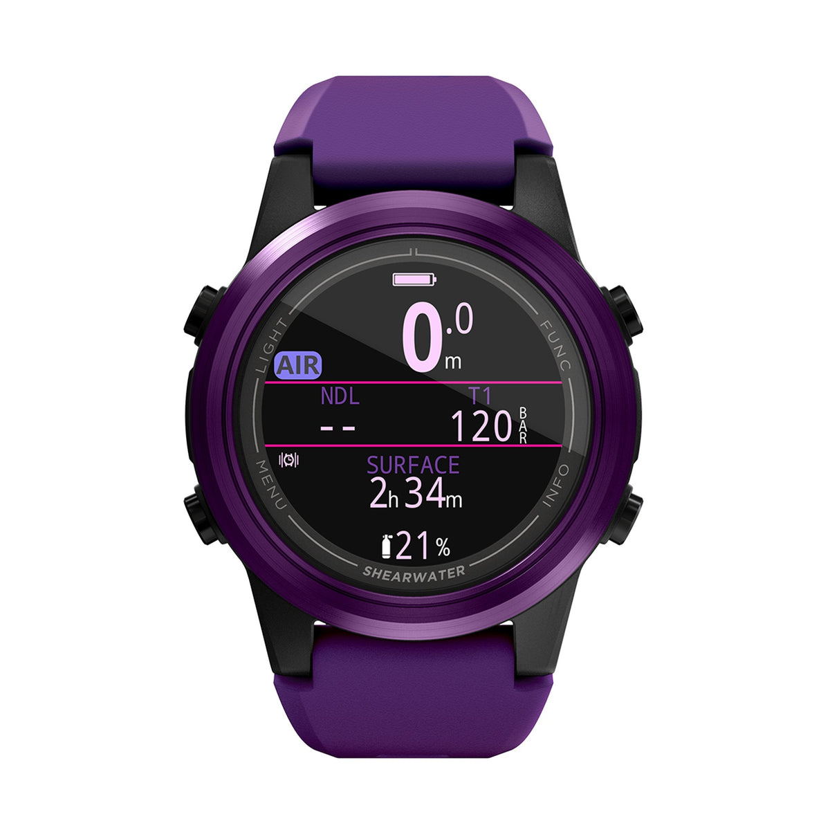 Shearwater Tern TX in purple, front view showing the surface screen and tank pressure